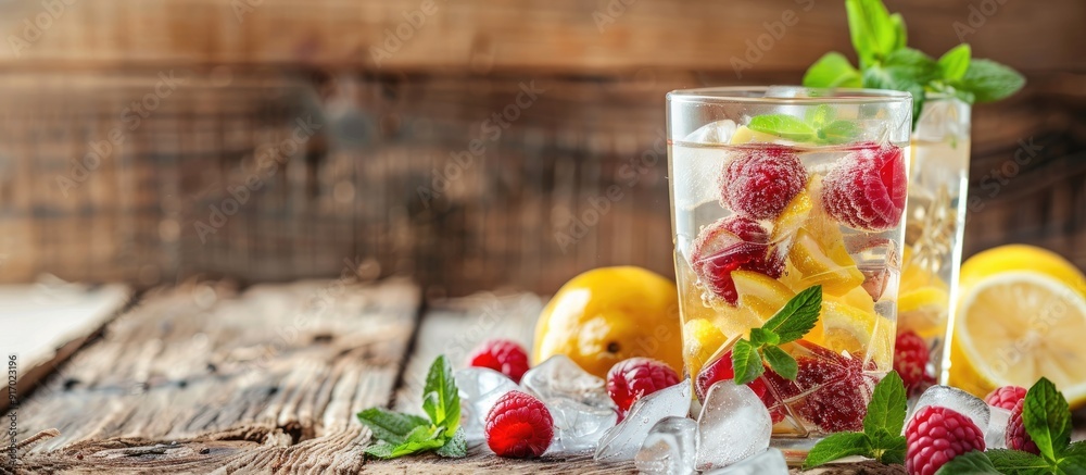 Poster detox fruits infusing water with ice raspberries lemon and mint on a wooden background in a refreshi