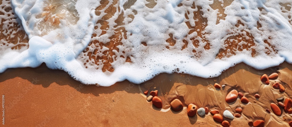 Poster ocean waves crash against the shore leaving behind sea foam and reddish brown stones scattered along