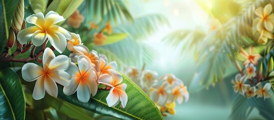 Fototapeta premium Blooms from the Temple tree also known as Apocynaceae Frangipani or Plumeria against a serene backdrop in the copy space image