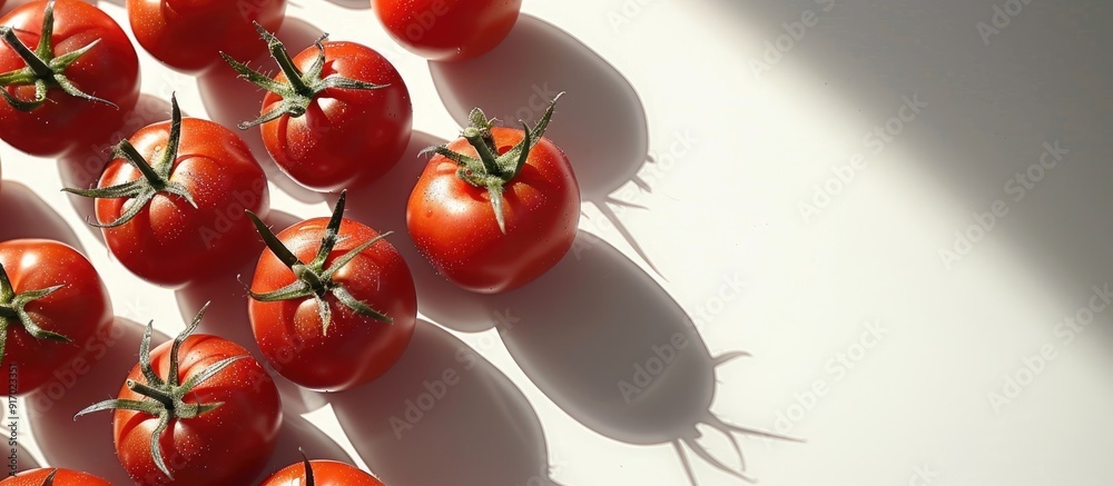 Poster Tomatoes arranged on a white surface with copy space image