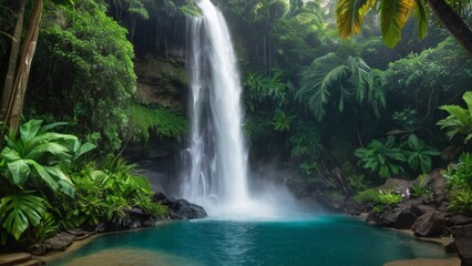 Lush Tropical Waterfall Cascading into Pristine Pool"