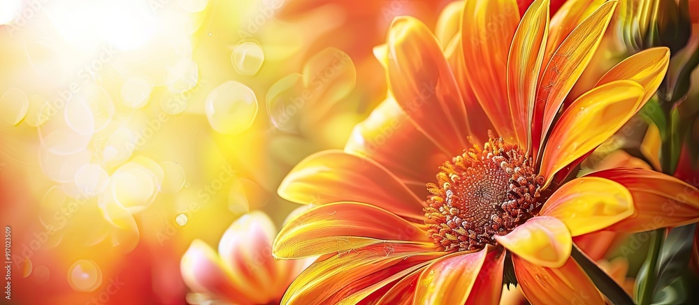 Poster a beautiful close up of an orange and yellow gailardia flower in the garden with a blank space for t