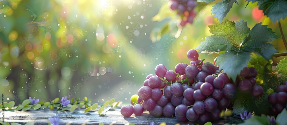 Poster Delicious looking grapes in a garden setting with copy space image included
