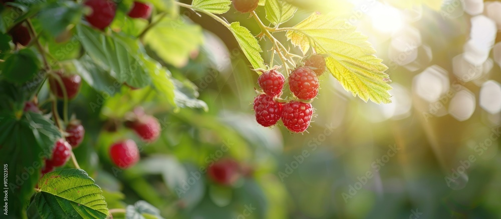 Aufkleber Ripe raspberry branch in garden with selective focus and shallow depth of field perfect for copy space image