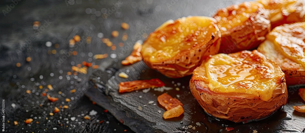 Aufkleber baked potato slices topped with crispy cutlet and melted cheese displayed on a copy space image