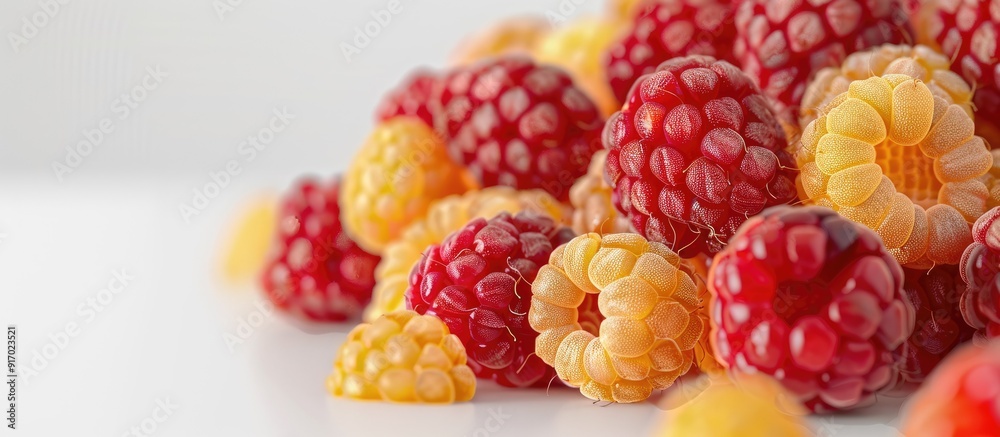 Poster close up photo of fresh red and yellow raspberries with copy space image
