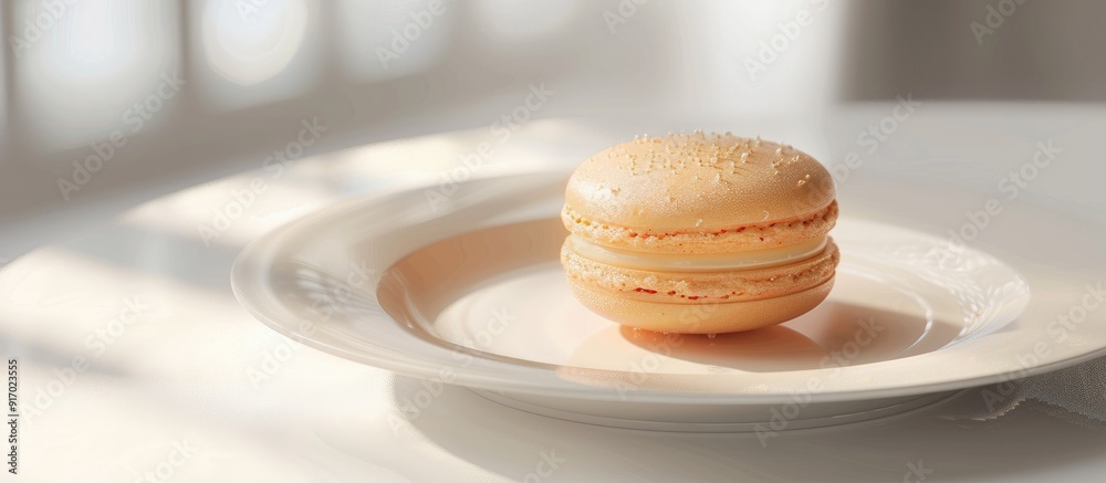 Poster Close up view of a macaroon on a white plate with copy space image available