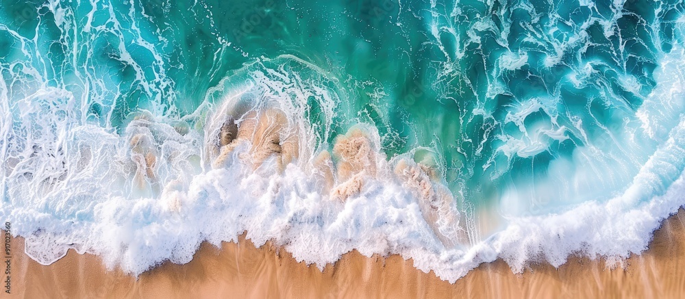 Poster Aerial view captured by a drone shows waves crashing on a sandy beach creating mesmerizing patterns in the crystal clear water with white foam ideal for copy space images