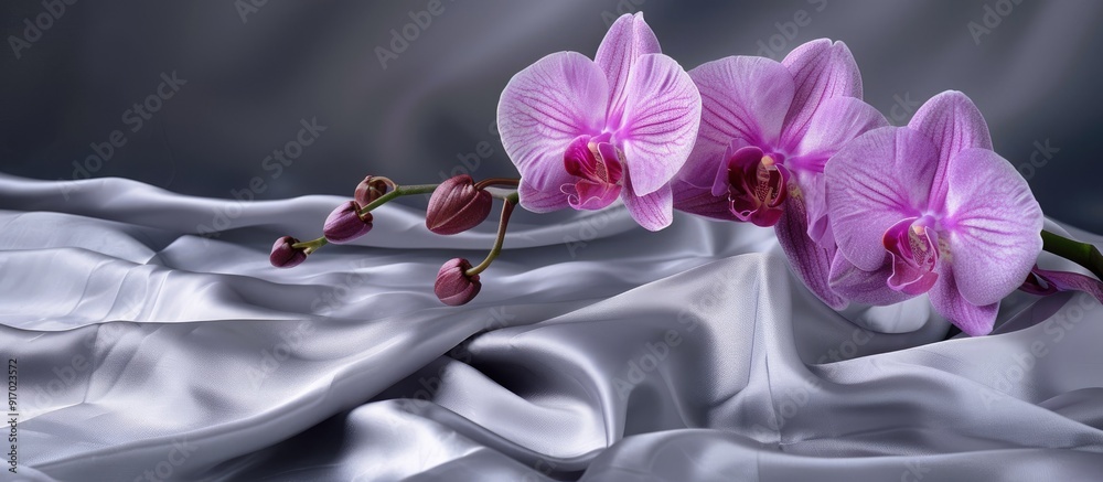 Poster phalaenopsis orchid in bloom with a silver cloth background perfect for a copy space image