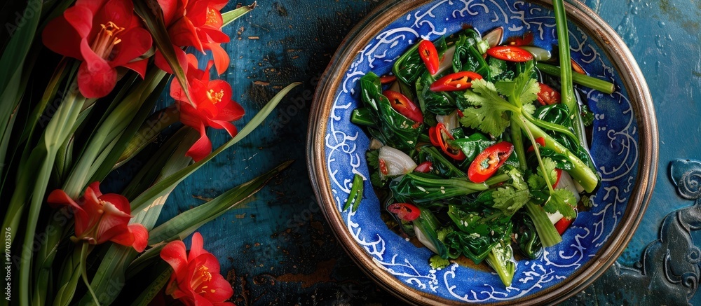 Aufkleber traditional stir fried morning glory with chili and oyster sauce displayed in a vibrant dish creatin