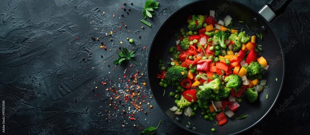 Poster sauteing chopped veggies in a skillet with copy space image