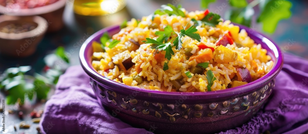 Poster a detailed image of pilaf with vegetables and cheese in a purple bowl with copy space image