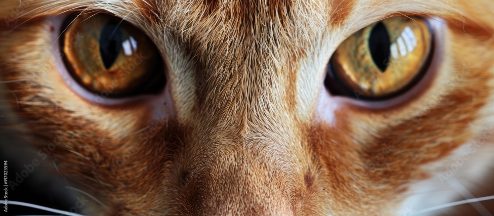 Poster Close up photo of a ginger tabby cat with inflamed eyes in a clear image with ample empty space for text