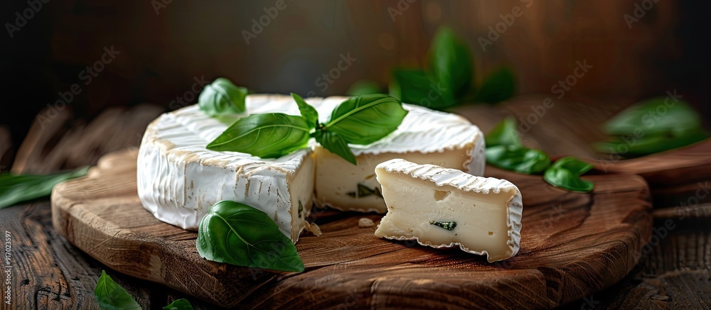 Poster closeup of delicious brie cheese with basil on a wooden board with copy space image