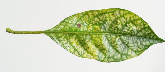 Avocado leaf with spots of dryness in a copy space image