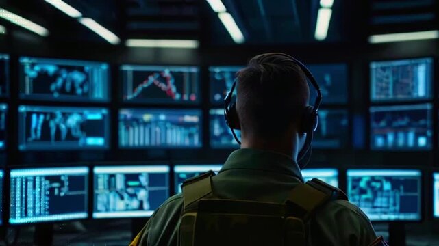 A man in military uniform sits in front of a wall of computer screens with data and maps.