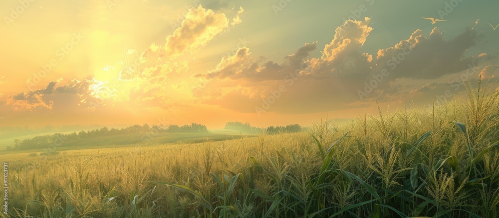 Poster in summer there are corn stalks in the field with empty space available for images. . image with cop