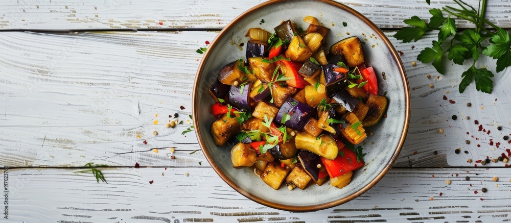 Aufkleber studio photograph of a ceramic bowl with vegetable saute featuring eggplants set on a white wooden t