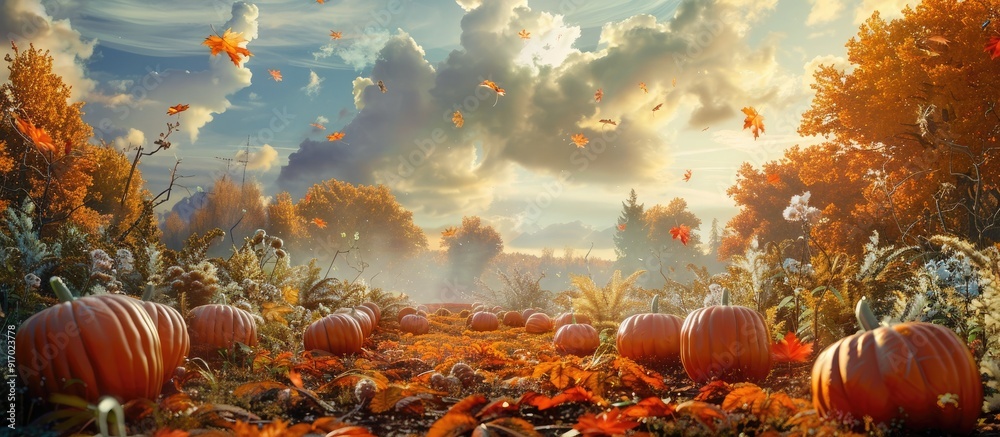Poster autumn themed pumpkin patch scene with copy space image