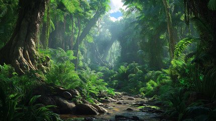 Fototapeta premium Lush rainforest with a stream flowing through it.