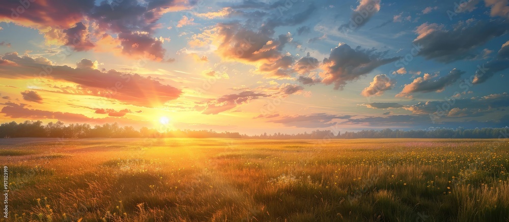 Poster sunset over rural landscape with beautiful colors and a vast copy space image