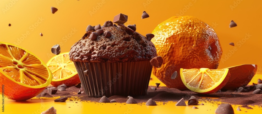 Poster a delicious arrangement featuring a chocolate muffin and vibrant oranges showcased in a captivating 