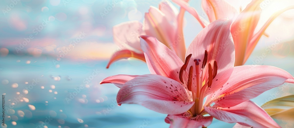 Aufkleber Close up of a stunning pink lily with a lake in the background and room for text or other graphic elements in the image known as a copy space image
