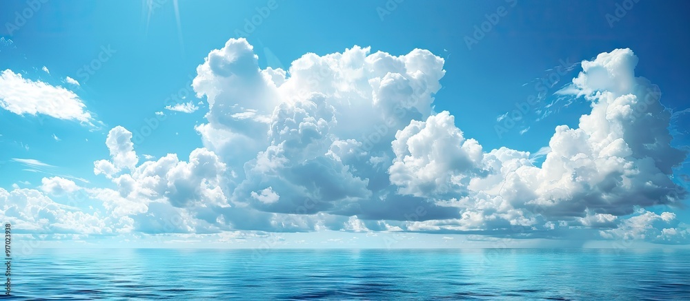 Poster A serene seascape with a vibrant blue sky and fluffy clouds creating a picturesque view with a copy space image