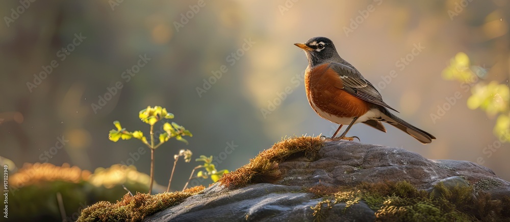Poster An American Robin Turdus migratorius perched with a serene backdrop ideal for a copy space image