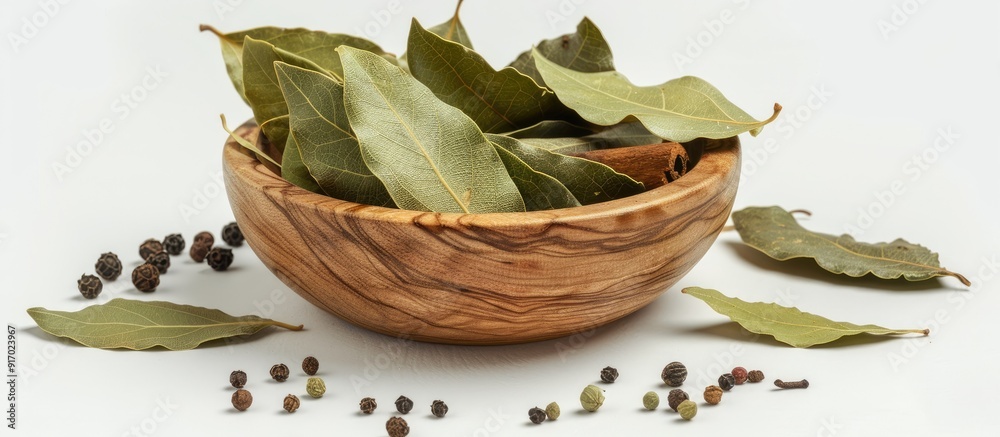 Poster wooden bowl with bay leaves on white backdrop ideal for copy space image includes various spices and