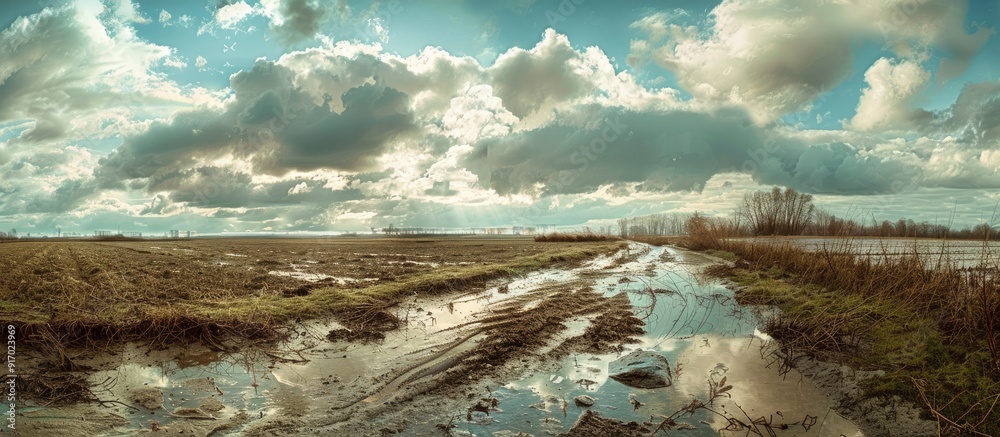 Poster A serene landscape captured in a copy space image showcasing a fishing pattern against the backdrop of the sky over a muddy field