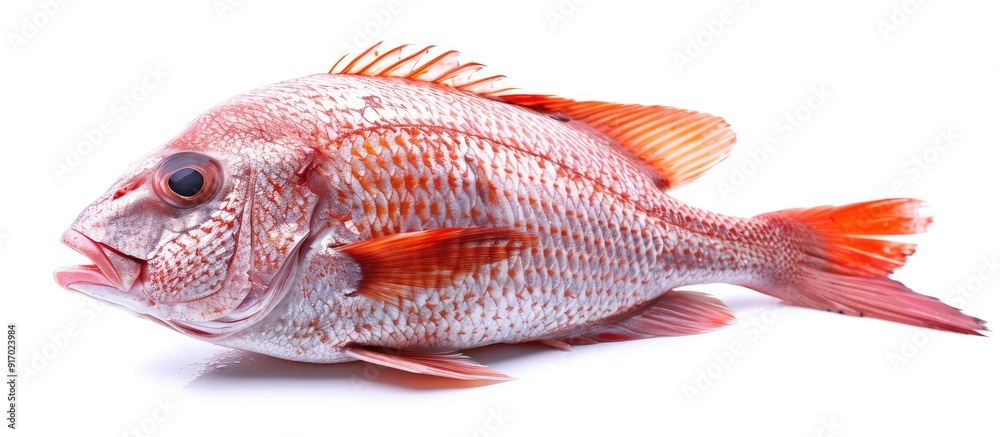 Poster Isolated on a white backdrop a fresh raw rohu fish piece stands accompanied by a blank space image in the background. . image with copy space