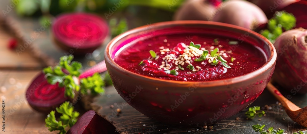 Aufkleber spring soup featuring fresh and vibrant young beetroot perfect with a tantalizing copy space image