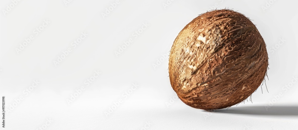 Poster Fresh healthy and tasty coconut captured on a white backdrop with a subtle shadow for a clear copy space image