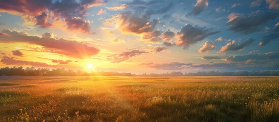 Fototapeta premium Sunset over rural landscape with beautiful colors and a vast copy space image