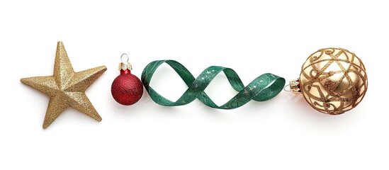Isolated against a white background there is a Christmas themed composition featuring a gold glitter star red and gold bauble and a coiled green ribbon The arrangement is suitable for copy space image
