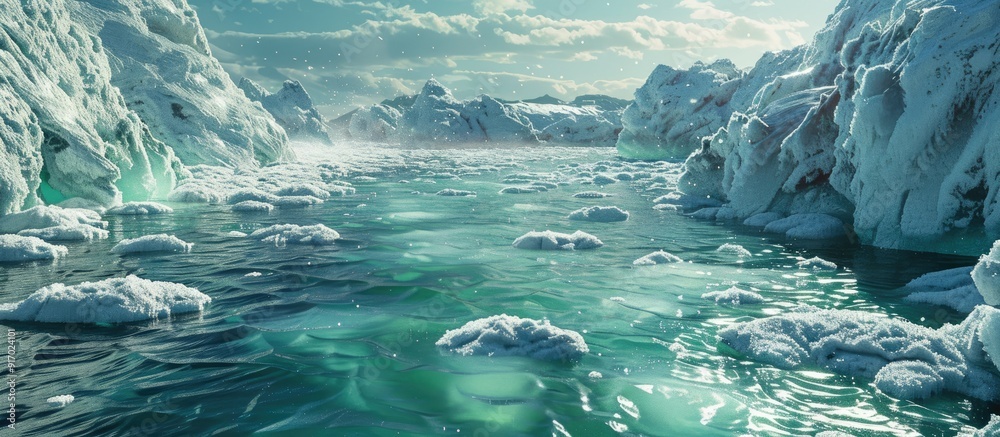Poster Scene showcasing ice floating in a bay with emerald green waters ideal for a copy space image capturing the winter ambiance