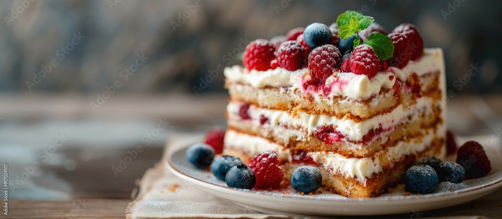 Poster Close up view of a delicious homemade layered cake with copy space image