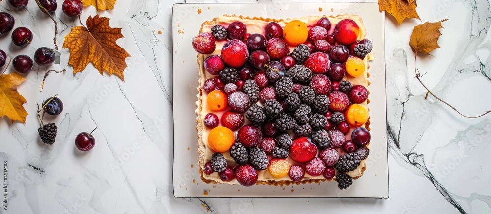 Poster a homemade holiday cake with blackberries and plums on a square tray set on a white marble table in 