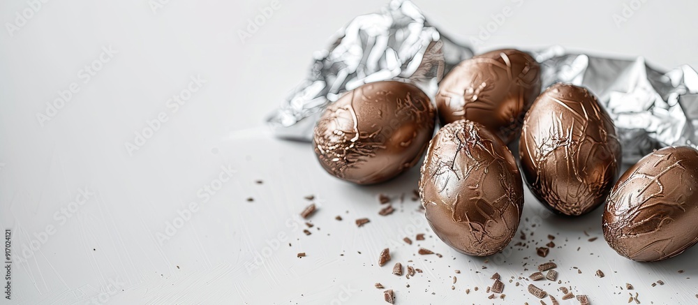Aufkleber Chocolate eggs in foil showcased against a white backdrop with room for text or other content within the image known as copy space image