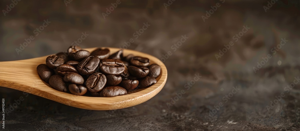 Poster close up view of a wooden spoon with coffee beans ideal as a copy space image