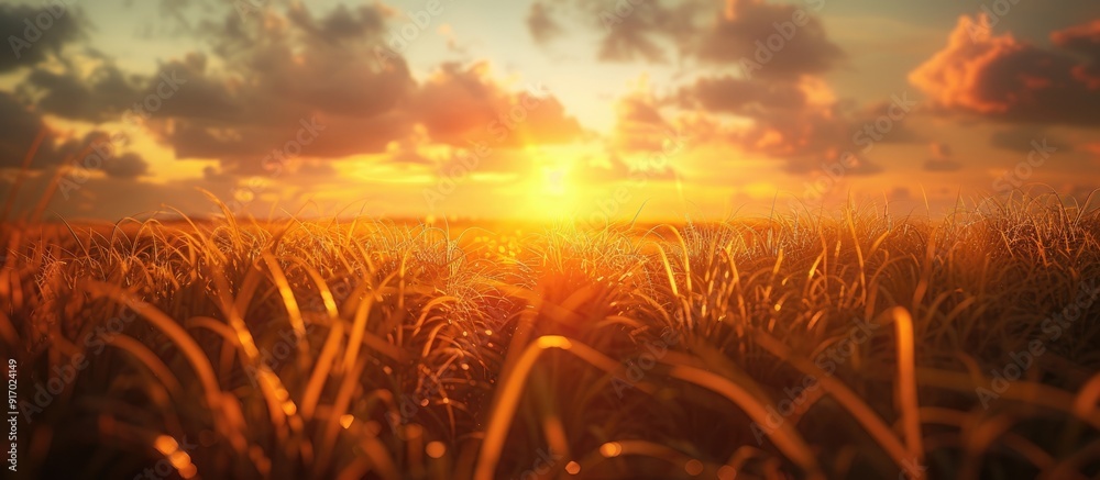 Poster harvested sugarcane fields under the sunrise are clearly visible in the copy space image