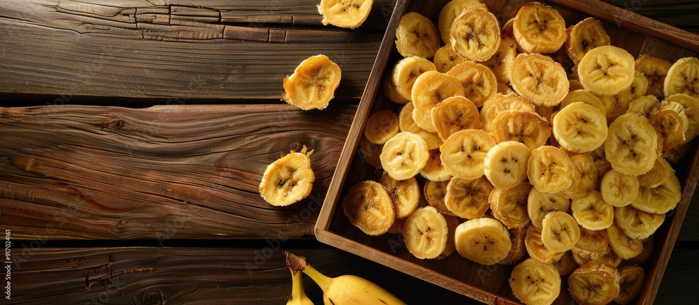 Poster bananas fried and arranged on a wooden tray with ample copy space image