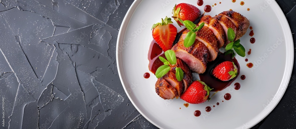 Poster A white plate displaying roasted duck breast topped with strawberries against a simple background with copy space image