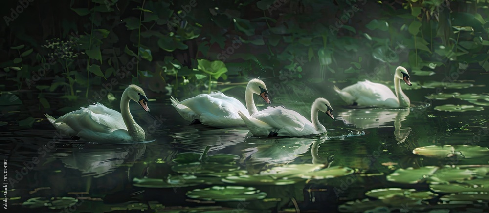 Poster young swans swim in a pond with a lush green reflection leaving space for additional images
