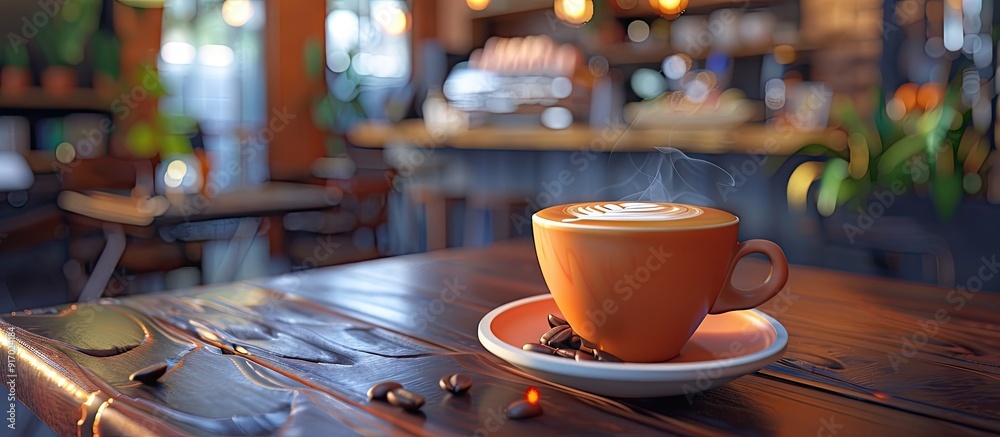 Poster A coffee shop with latte art set on a wooden table blending colors creating a cozy atmosphere with copy space image