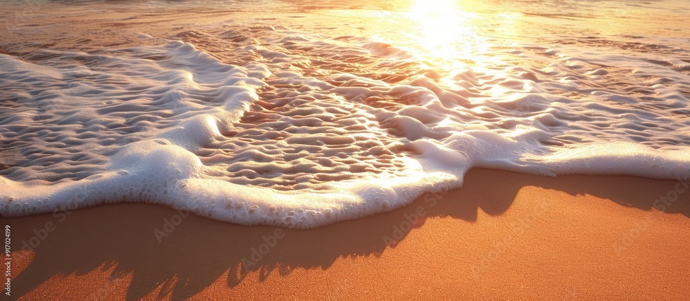 Poster a serene beach scene with a wave rolling onto the sand at sunset evoking feelings of holiday tranqui