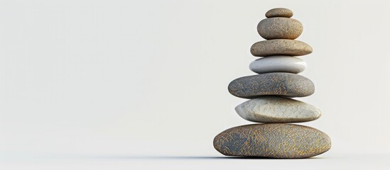 River rocks delicately balanced with copy space image on a white background