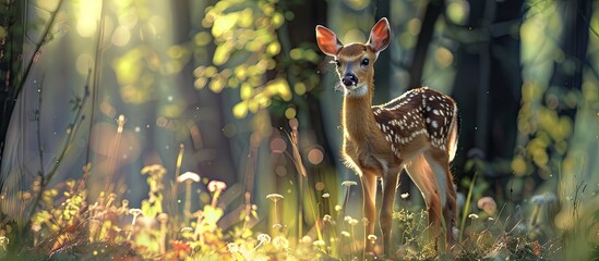 A juvenile deer in the woodland setting surrounded by nature s beauty with a serene backdrop allowing for copy space image