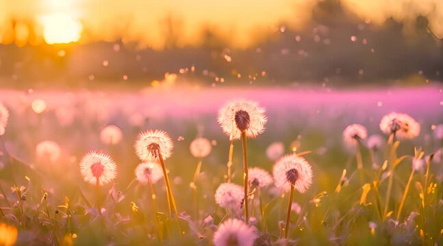 A dandelion field in a beautiful, colorful sunset with golden light streaming through fluffy seeds, casting long shadows
